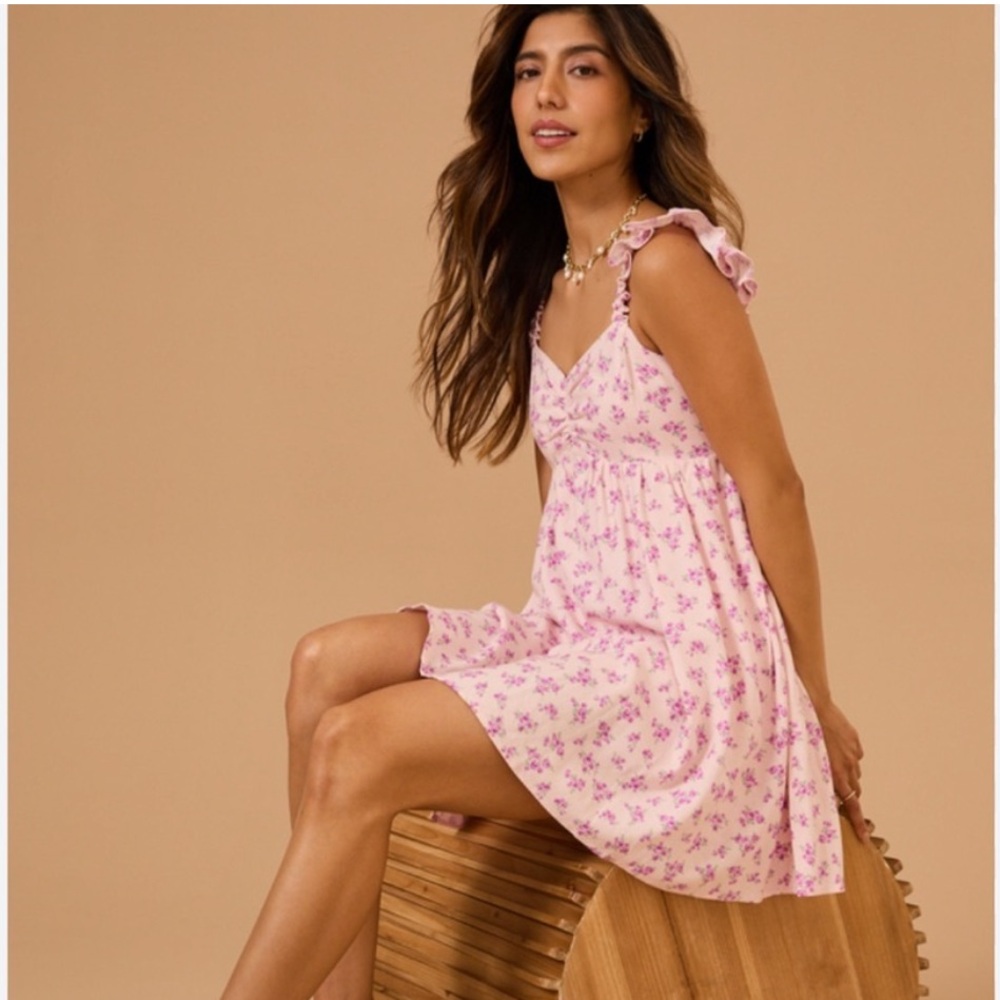 Altar’d State Amy Pink Floral Mini Dress Large NWT Linen Blend Smocked Back